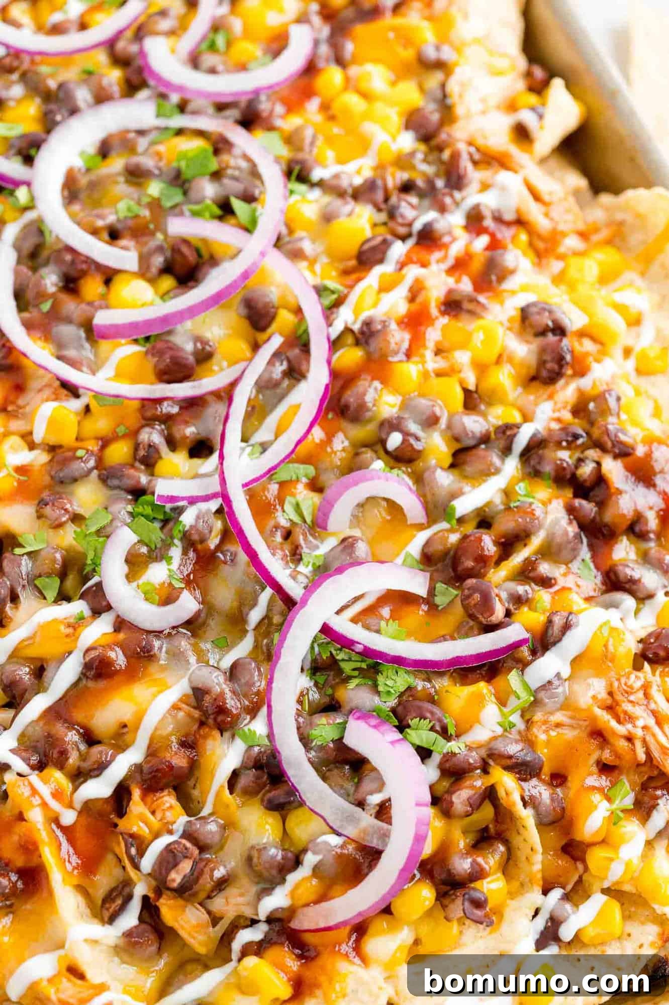 Backyard BBQ Chicken Nachos 2 A vibrant sheet pan of BBQ Chicken Nachos, loaded with melted cheese, shredded chicken, black beans, and corn, ready to be served.