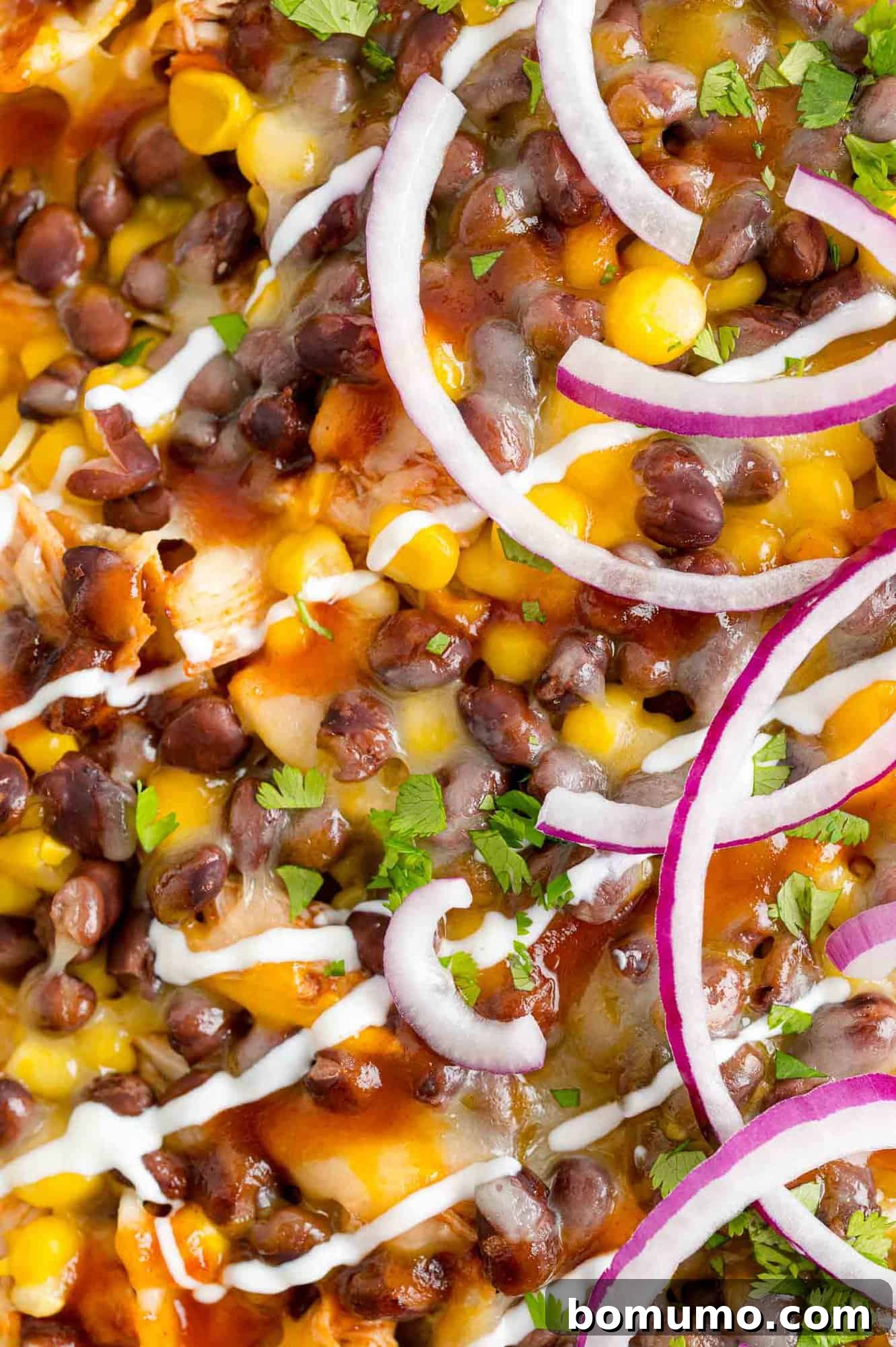 Backyard BBQ Chicken Nachos 13 An appetizing close-up of finished BBQ Chicken Nachos, garnished with fresh cilantro and other vibrant toppings.