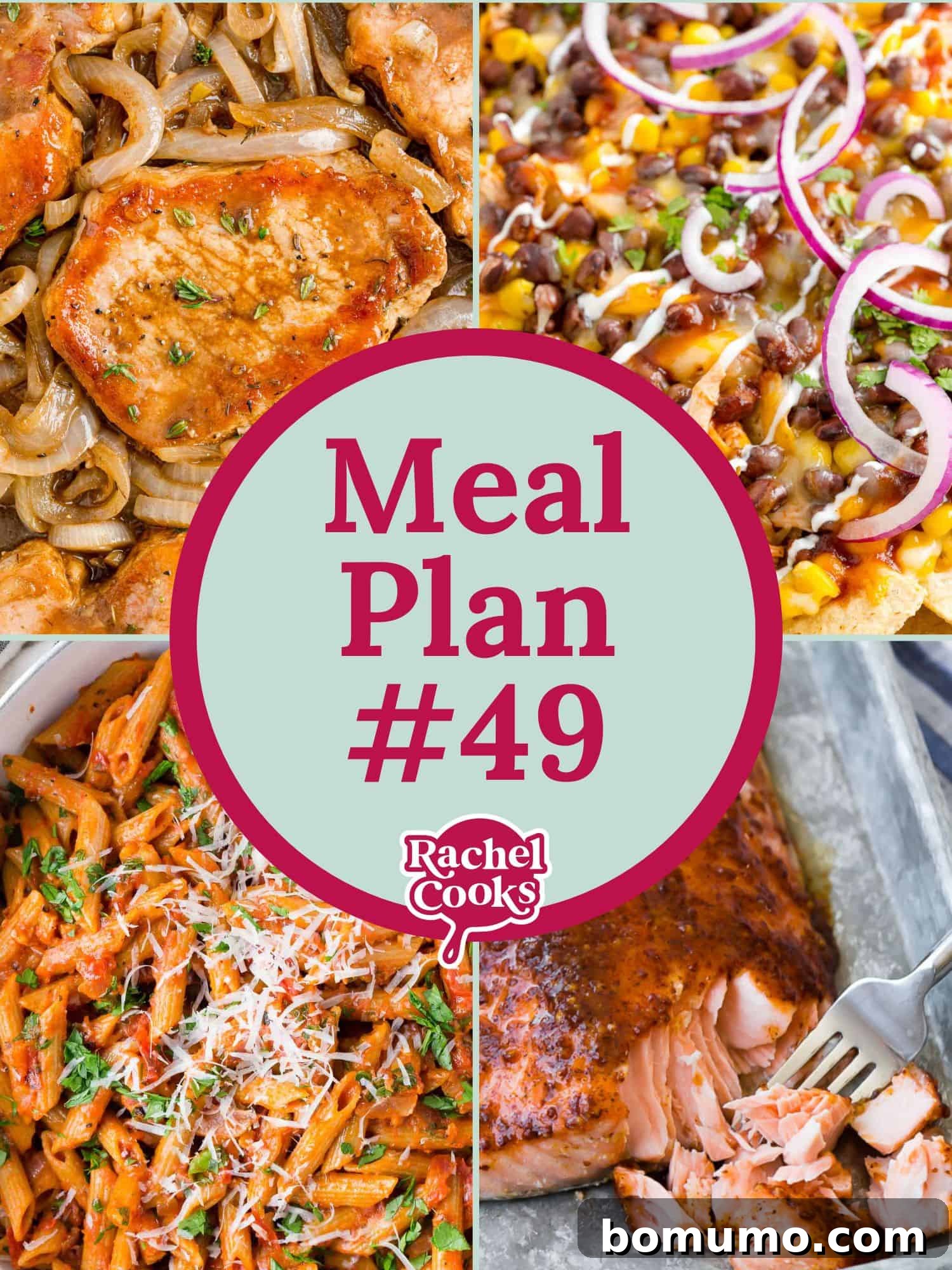 A visual graphic promoting Meal Plan 49, featuring a variety of wholesome dishes including nachos.