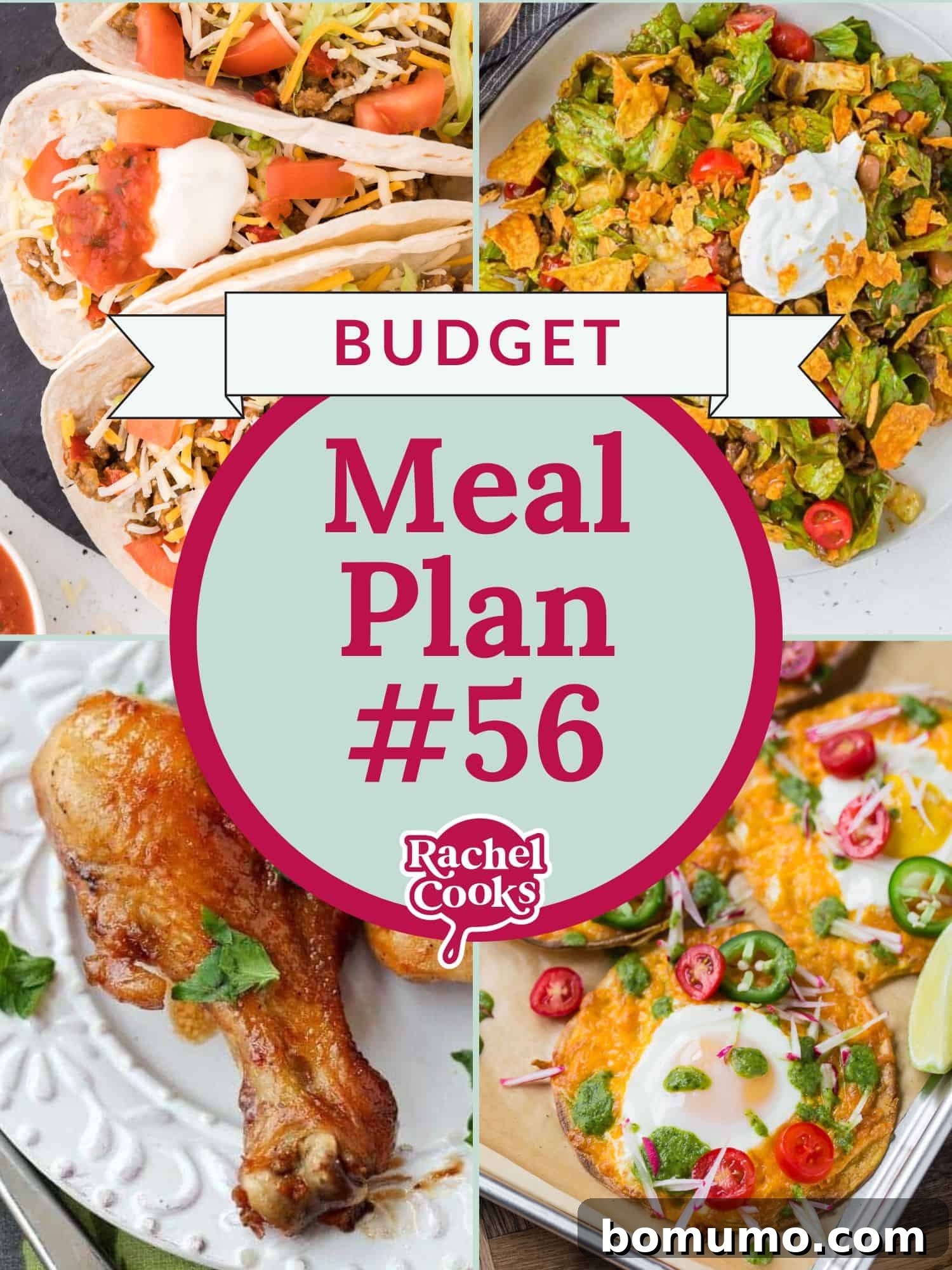 Affordable Meal Plan 56 2 Budget-friendly weekly meal plan preview with text that reads "Budget-Friendly Meal Plan." This free resource includes five dinners, one bonus recipe, and numerous tips to save time and money.
