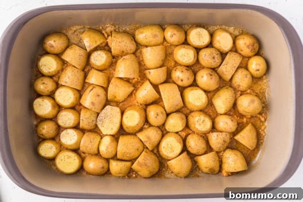 Halved small potatoes arranged cut-side down over a layer of parmesan cheese, butter, and seasonings in a baking dish.