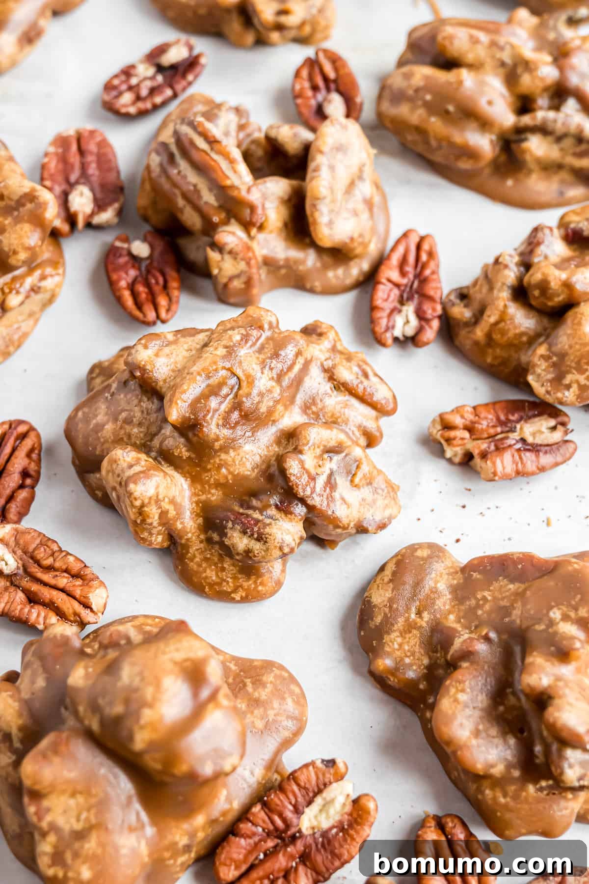 Pecan pralines on a white surface, surrounded by pecan halves.