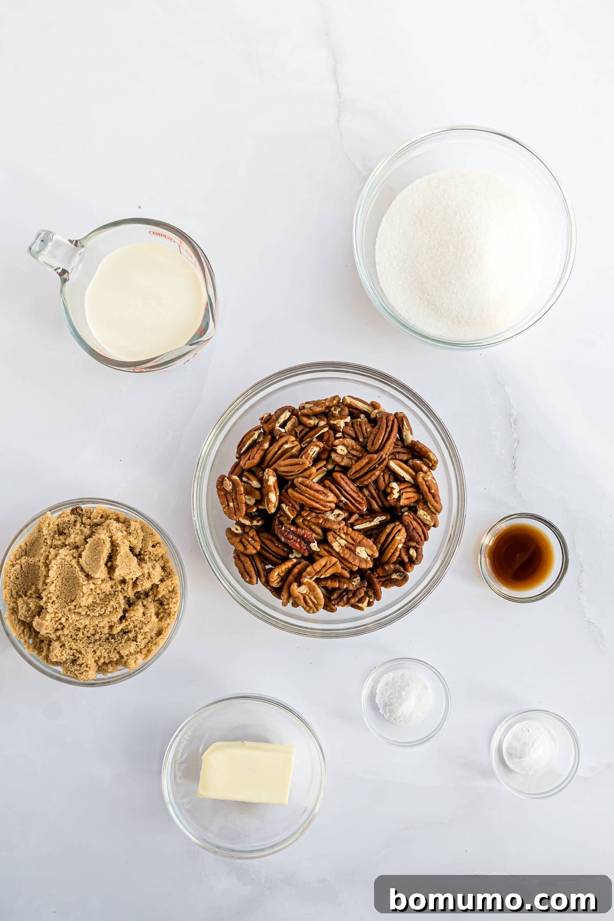Overhead view of ingredients needed for recipe, including pecan halves.