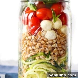 Zucchini Noodle Mason Jar Salad with Farro and Mozzarella - get the perfect lunch recipe on RachelCooks.com!