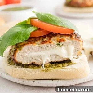 A delicious mozzarella stuffed caprese turkey burger, perfectly cooked and ready to eat.