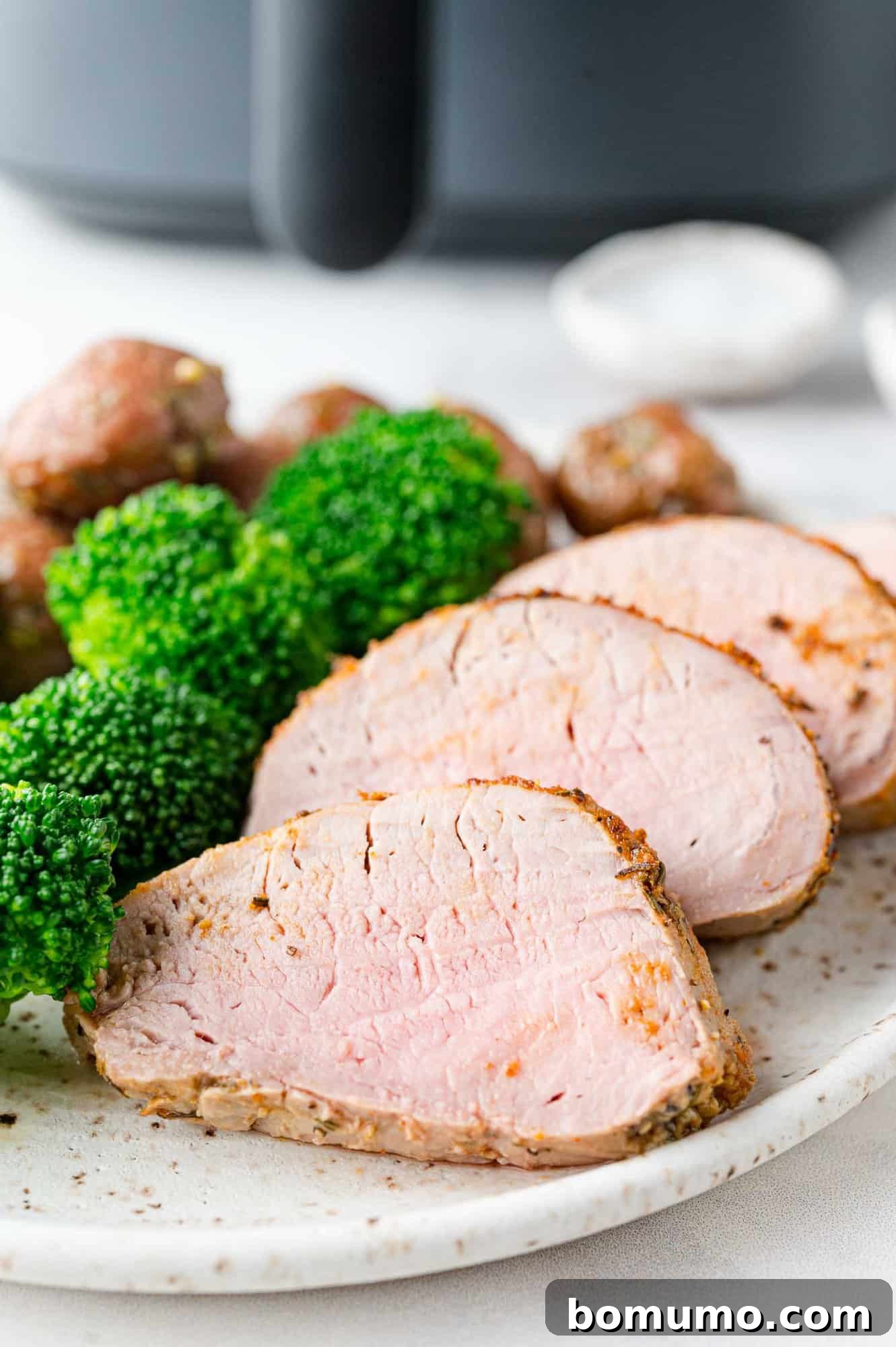 Plated air fryer pork tenderloin slices with a side of vibrant green broccoli, artfully arranged in front of an air fryer.