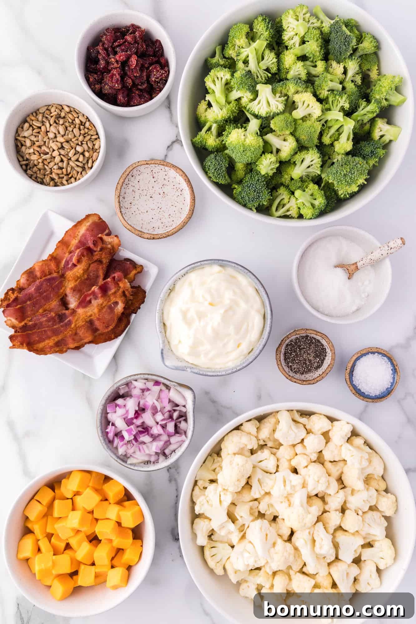 A collection of fresh ingredients laid out on a surface: broccoli, cauliflower, red onion, dried cranberries, sunflower seeds, bacon, and cheddar cheese, alongside dressing components.