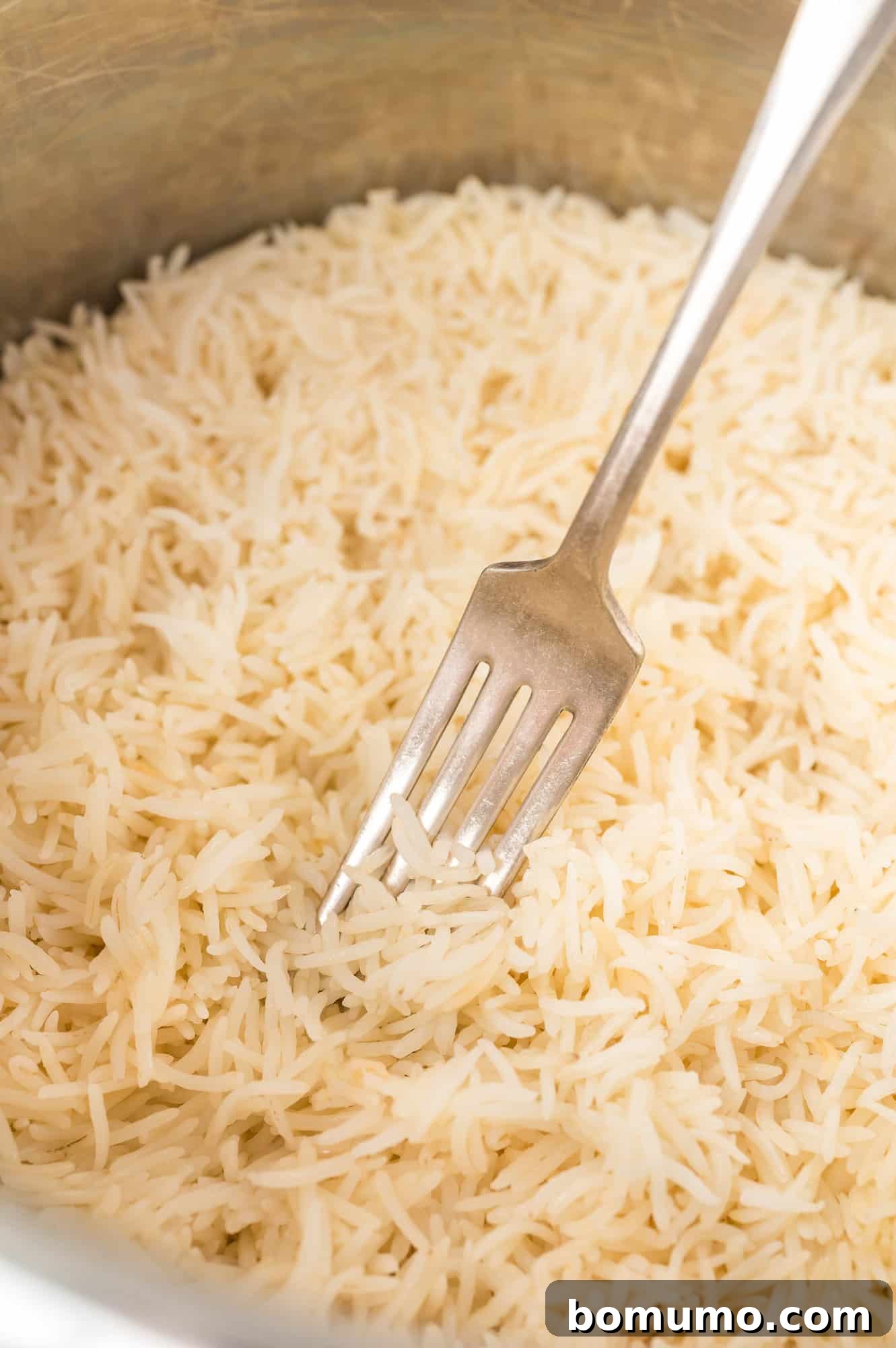 Fluffy basmati rice being gently fluffed with a fork inside the Instant Pot to separate the grains.