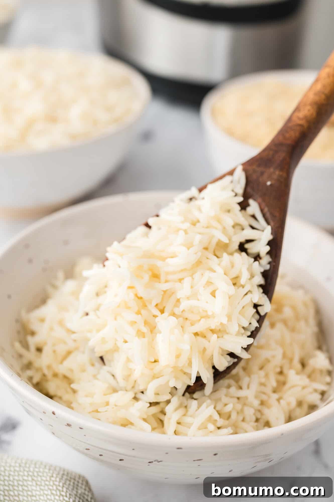 Perfectly cooked basmati rice being scooped from a wooden spoon into a clean white bowl, ready for serving.
