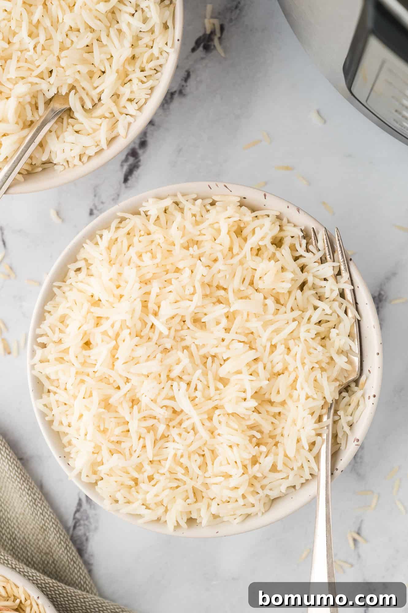 Overhead view of fluffy basmati rice served in a pristine white bowl with a fork, ready to be enjoyed.