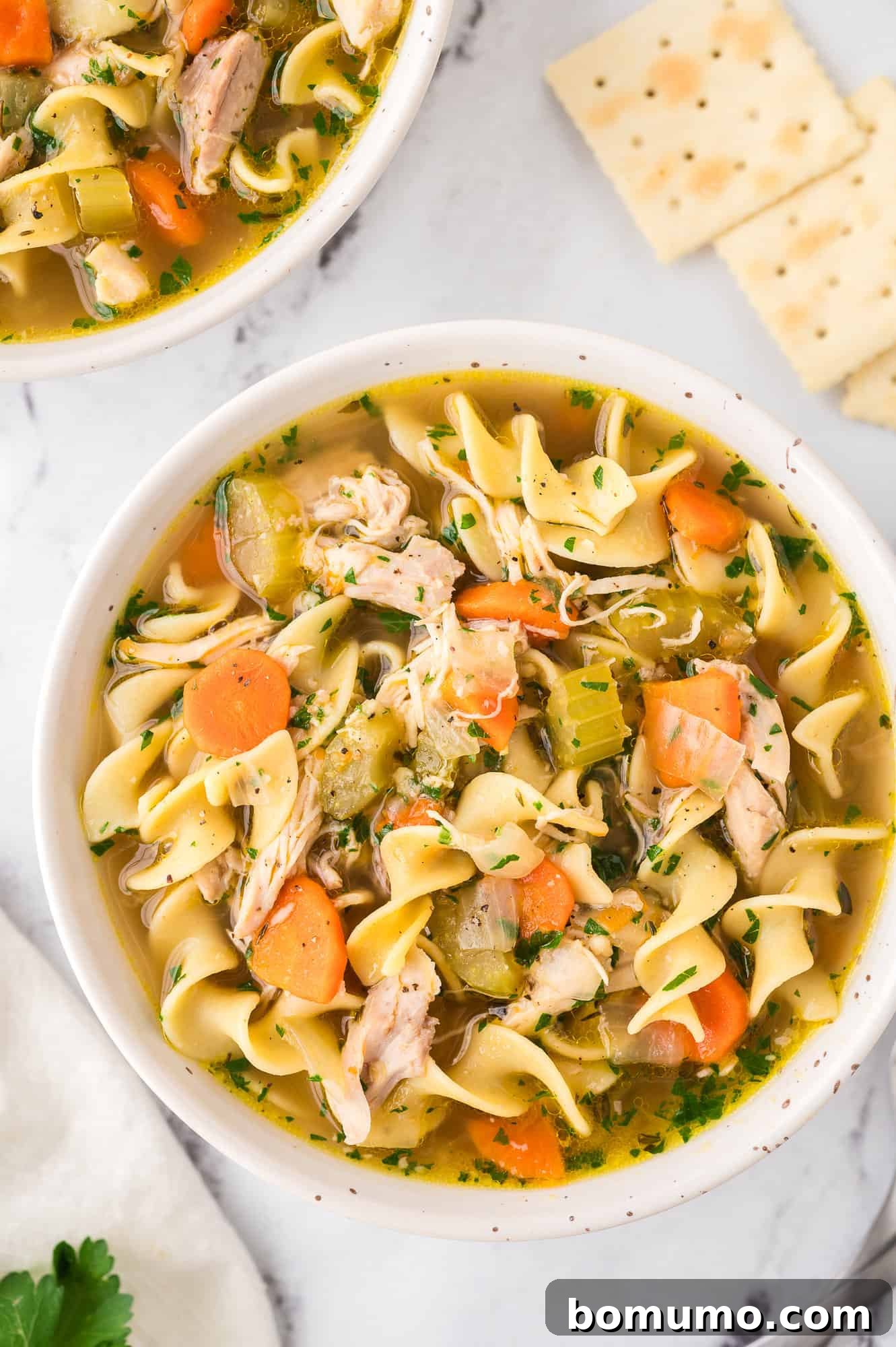 An overhead view of a bowl of comforting chicken noodle soup, accompanied by a second bowl and a stack of classic saltine crackers, perfect for dipping.