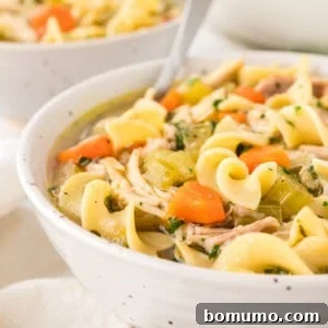 A bowl of chicken noodle soup with a second bowl of soup in the background.