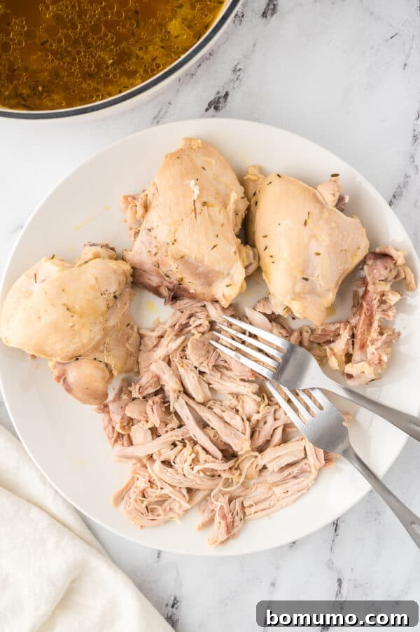 Perfectly cooked, partially shredded bone-in chicken thighs resting on a white plate with a fork, ready to be added back to the soup.
