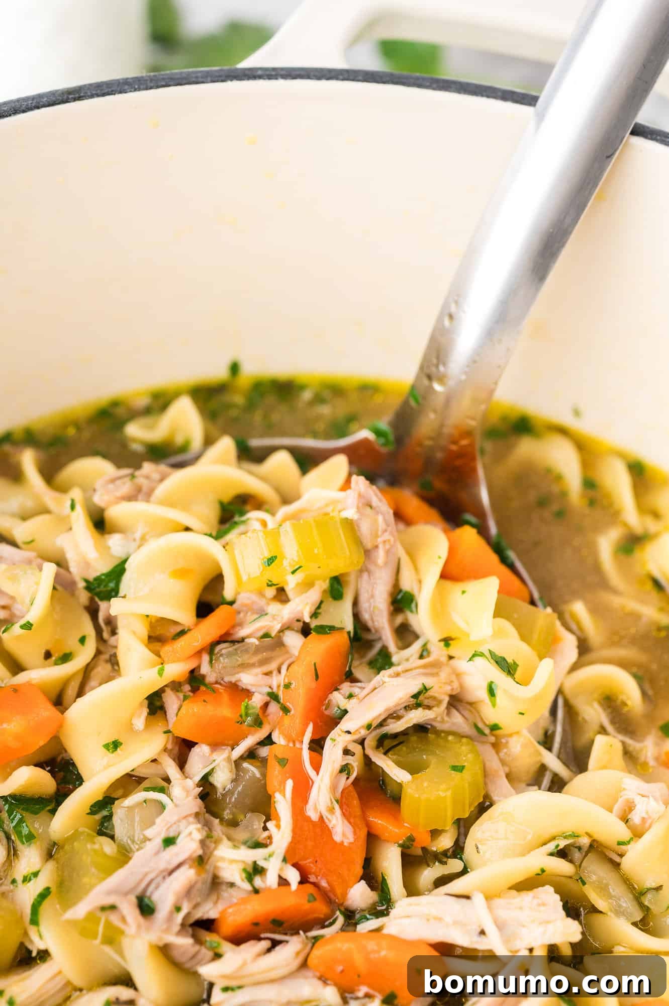 A ladle carefully lifting a generous serving of homemade chicken noodle soup, featuring chicken, noodles, and vegetables, from a large pot.