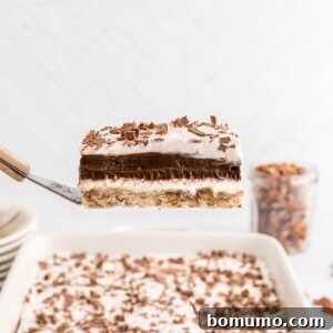 Chocolate delight, a layered chocolate dessert, held on a spatula.