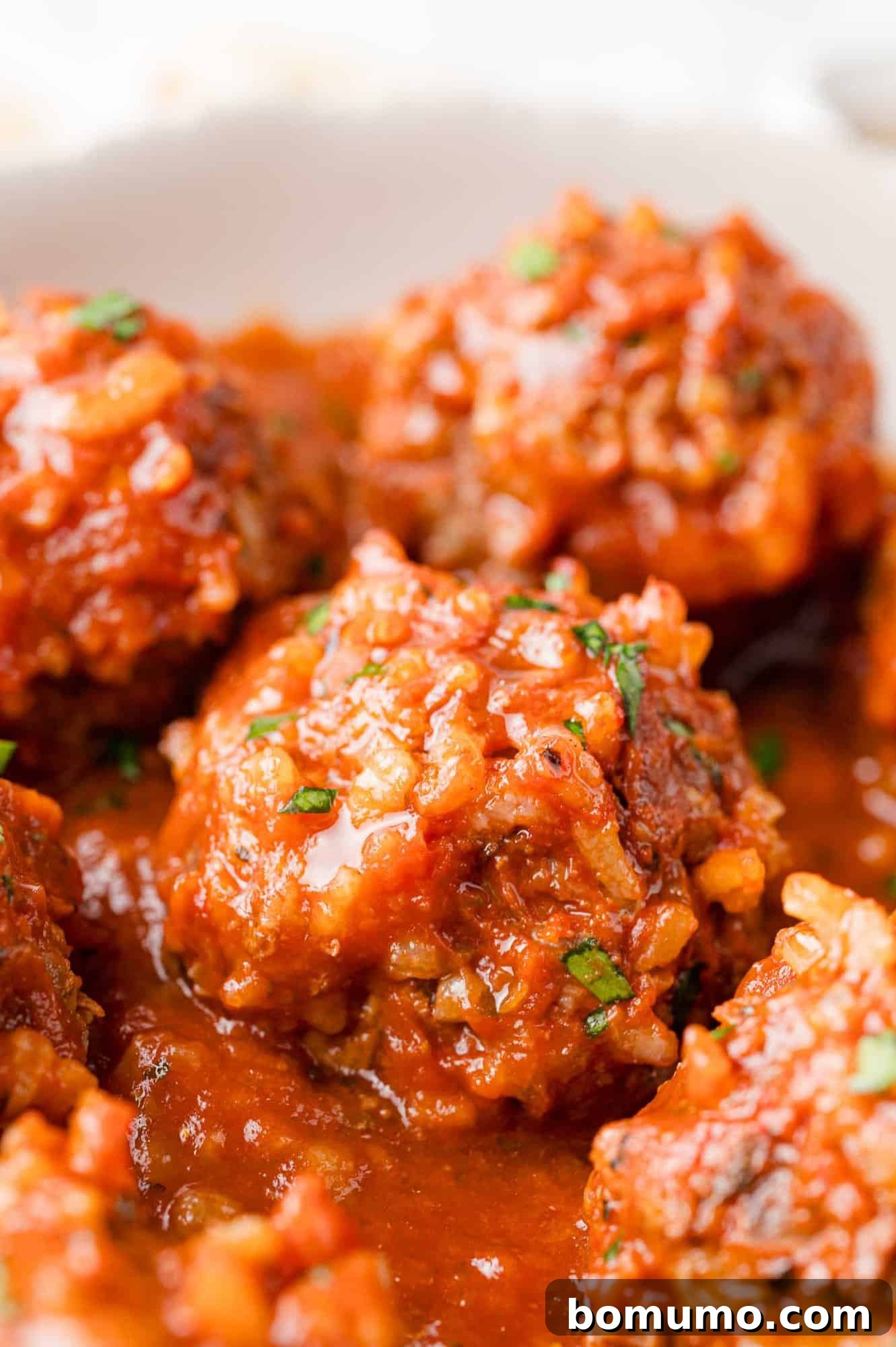 Rice-Studded Meatballs 2 Porcupine meatballs with rice poking out like quills, in a tomato sauce.