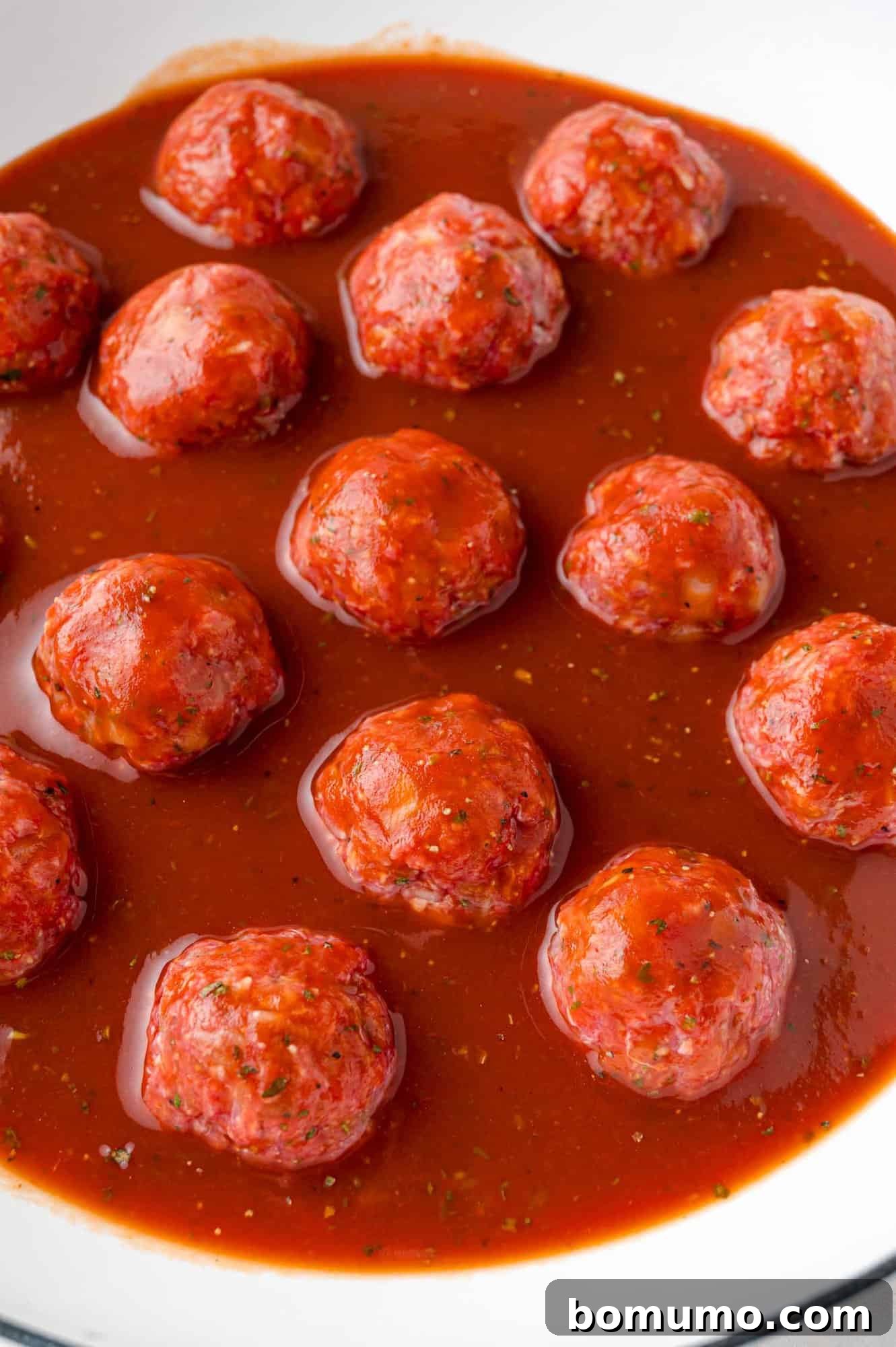 Rice-Studded Meatballs 9 Tomato sauce and uncooked meatballs.