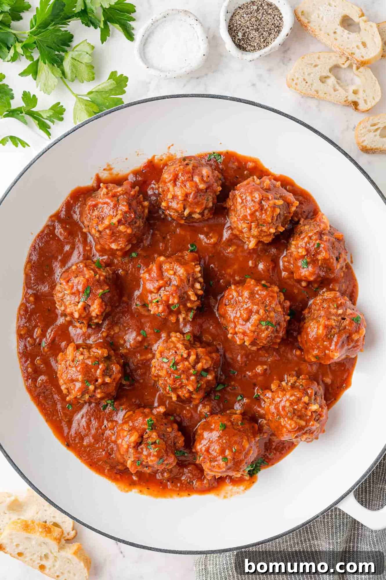 Rice-Studded Meatballs 10 Cooked meatballs in pan, surrounded by ingredients used in them.
