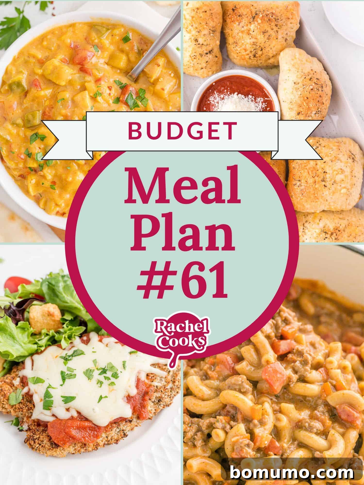 Budget Meal Plan 61 2 Preview of Rachel Cooks' Meal Plan 61, a budget-friendly weekly menu featuring five dinner recipes, a bonus recipe, and grocery list. Includes appetizing photos of Sheet Pan Egg Sandwiches, Homemade Hamburger Helper, Baked Chicken Parmesan, Mulligatawny Soup, and Homemade Hot Pockets, highlighting easy, family-friendly meals.