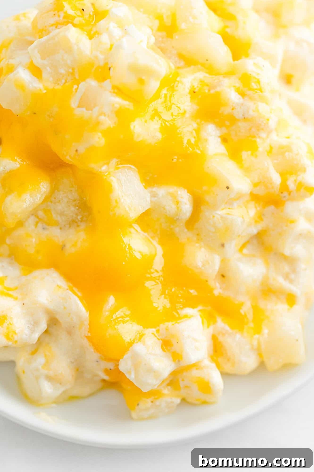 Close up image of cubed potatoes with a cheese sauce and cheddar cheese.