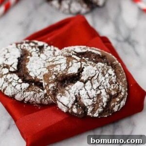 Two soft chocolate Cool Whip cookies dusted with powdered sugar, resting on a folded red napkin.