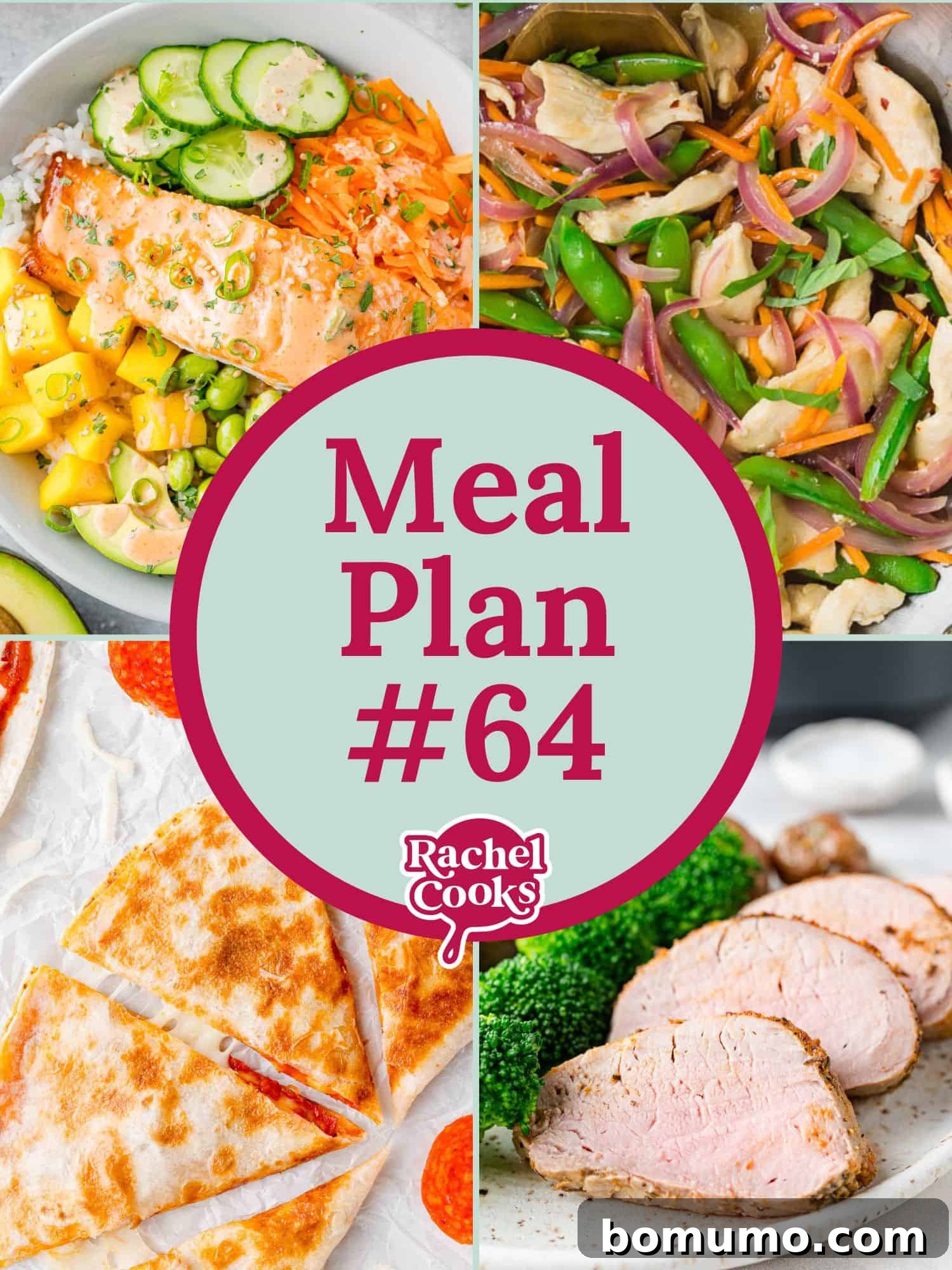 Meal plan 64 preview image with photos of recipes included. Showcasing a variety of healthy and easy-to-make dishes like salmon bowls, stuffed shells, pork tenderloin, chicken stir-fry, and pizza quesadillas.