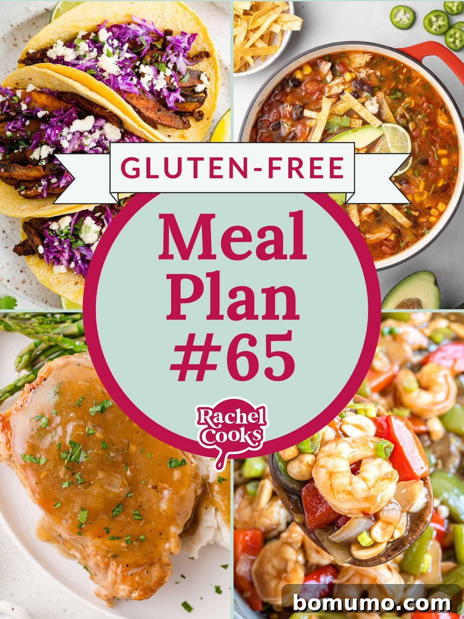 Free Gluten-Free Meal Plan #65 with vibrant photos of delicious recipes including Mushroom Tacos, Instant Pot Pork Chops, Kung Pao Shrimp, Steak Salad, Chicken Tortilla Soup, and Pecan Pralines, designed to simplify meal planning and save time for busy families.