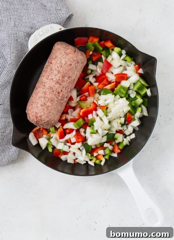 Sausage and vegetables before cooking.
