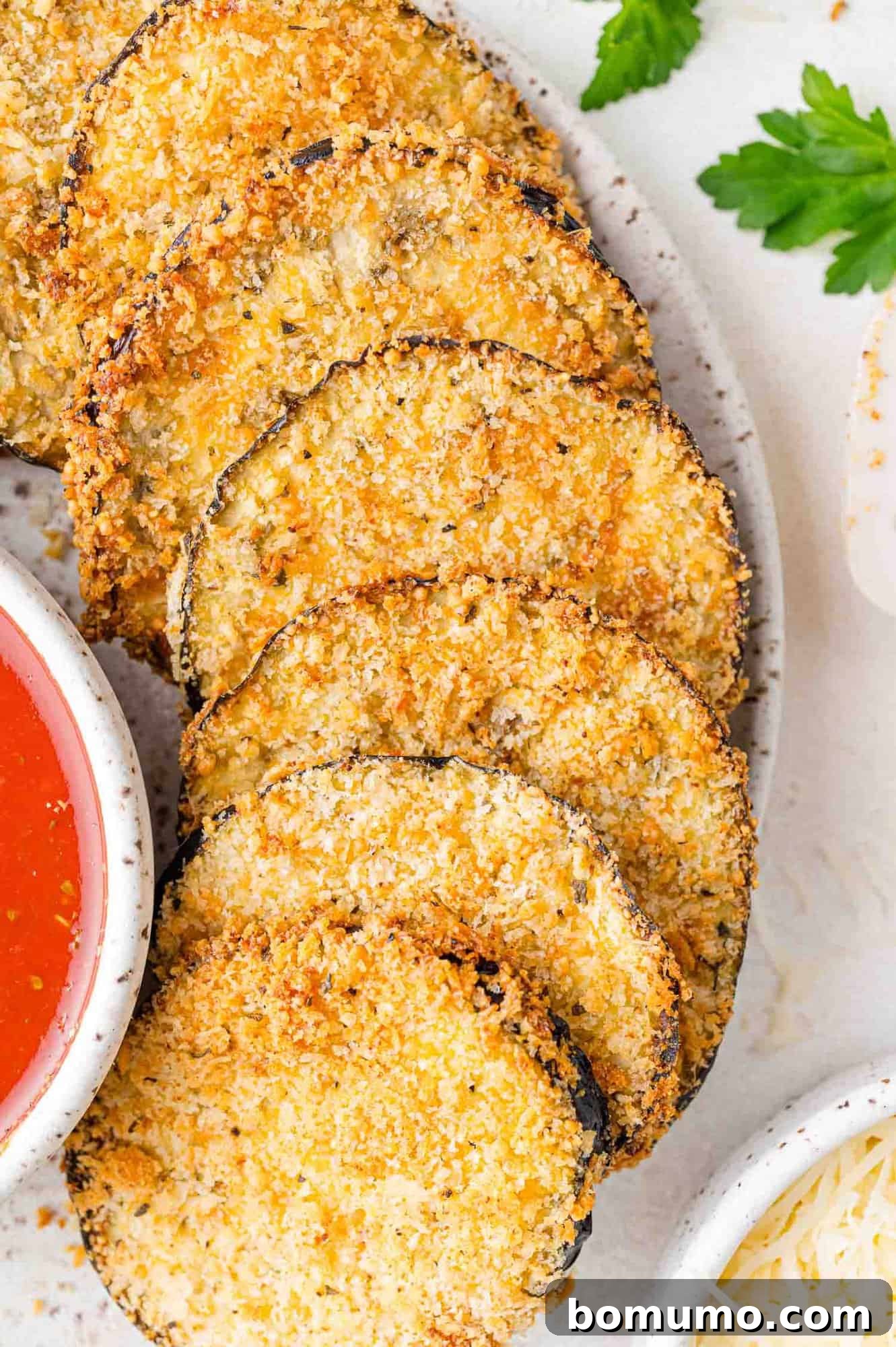 Crispy Air Fried Eggplant 2 Air fryer eggplant slices, arranged on a plate.