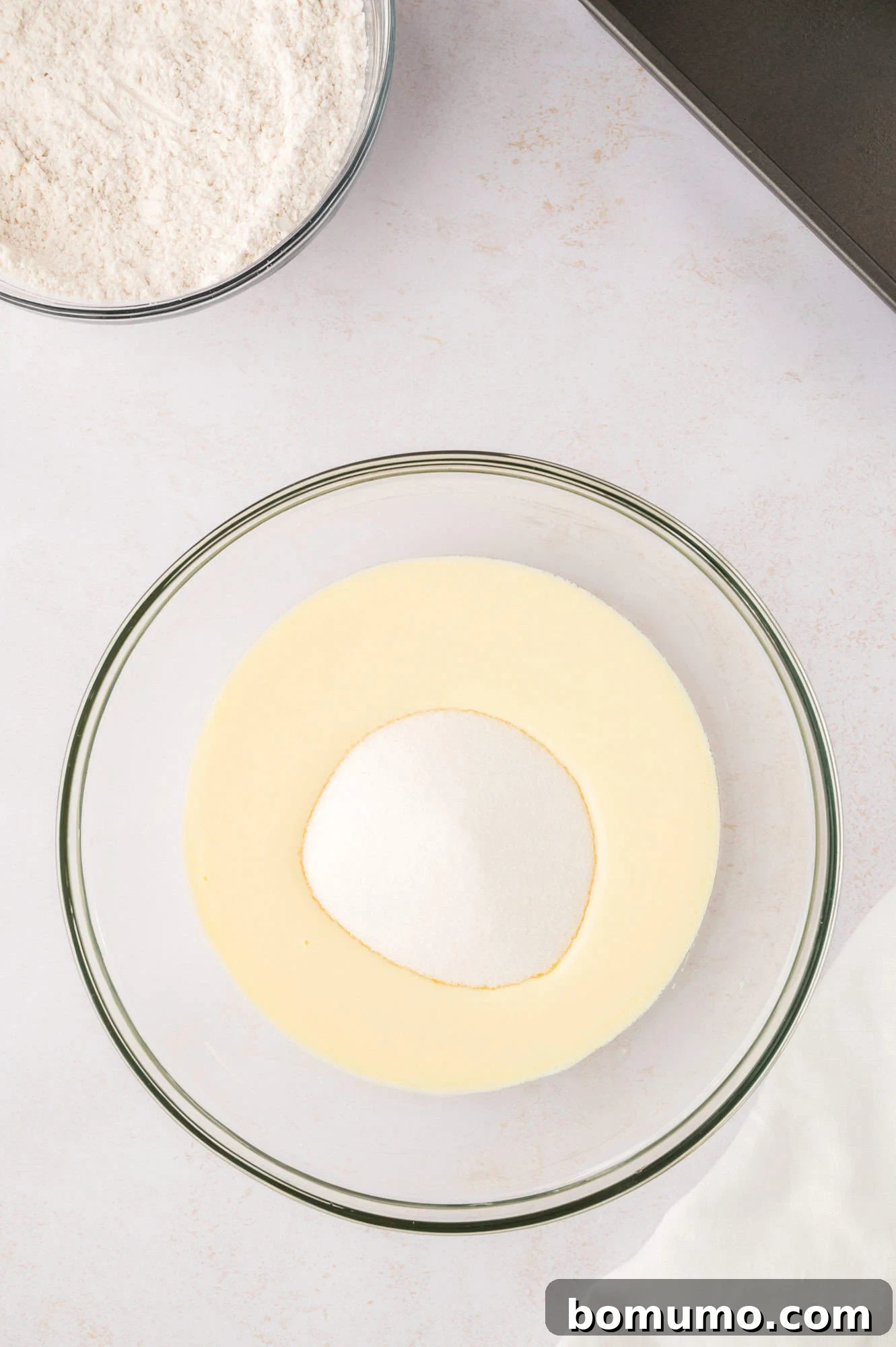 Sugar added to wet ingredients.