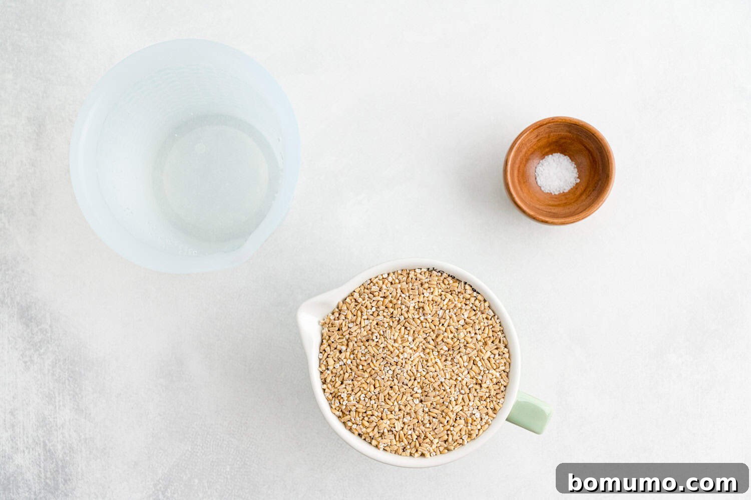 Overhead view of a pristine white bowl filled with raw steel cut oats, flanked by a small wooden bowl of salt and a clear measuring cup of water, all arranged on a smooth, light surface, highlighting the simple ingredients.