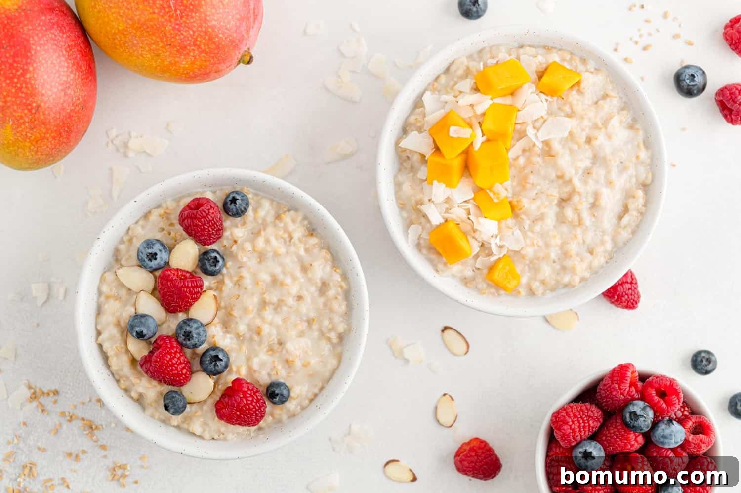 Two enticing bowls of crockpot oatmeal, each adorned with a unique and colorful array of fresh fruit and nuts, showcasing diverse topping possibilities.
