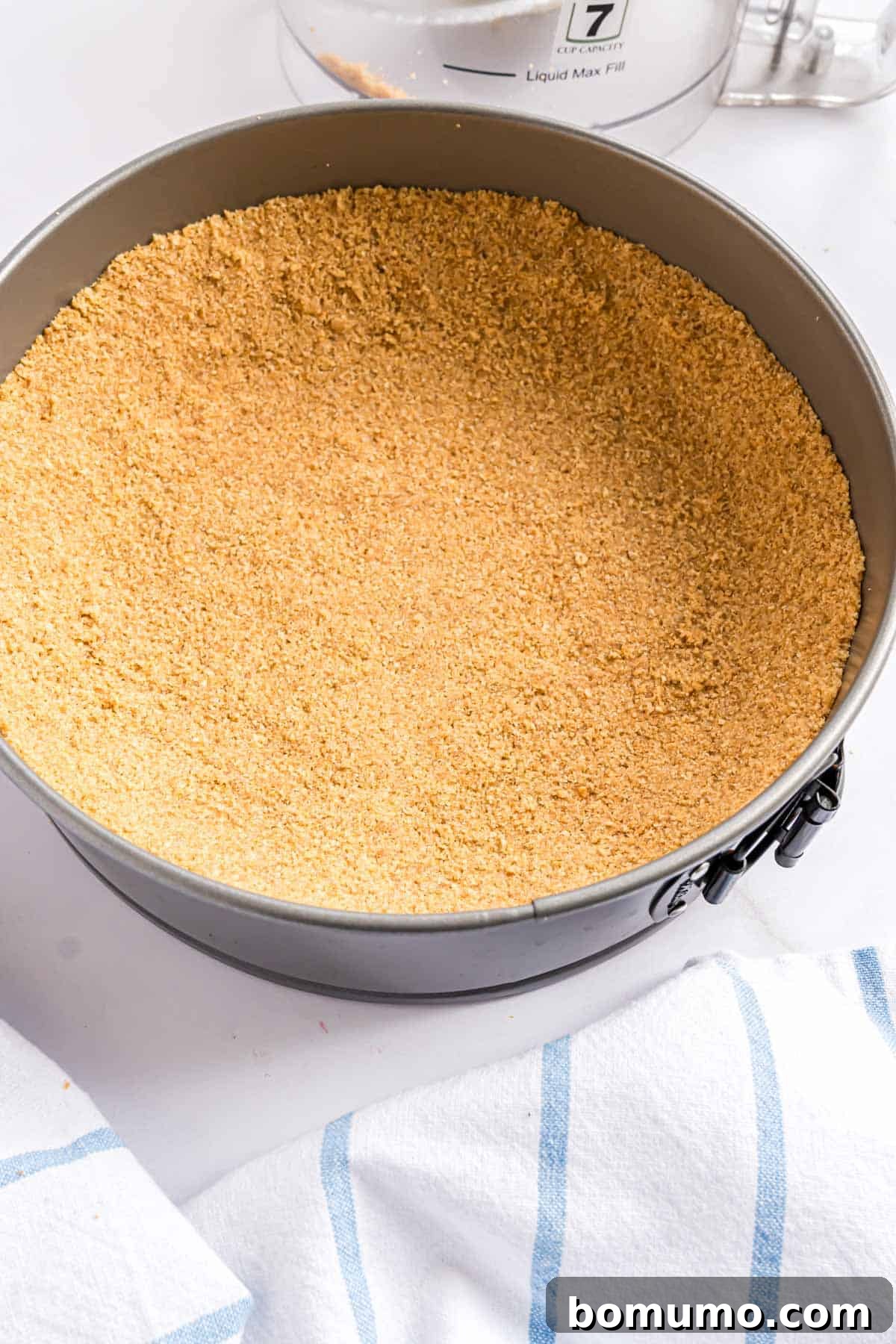 A perfectly formed graham cracker crust in a springform pan, showcasing the crisp edges and even bottom, ready for a cheesecake filling.