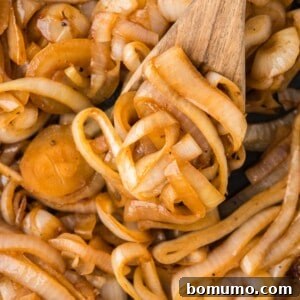 Close-up image of beautifully sautéed onions on a wooden spoon, perfect for a recipe card thumbnail.