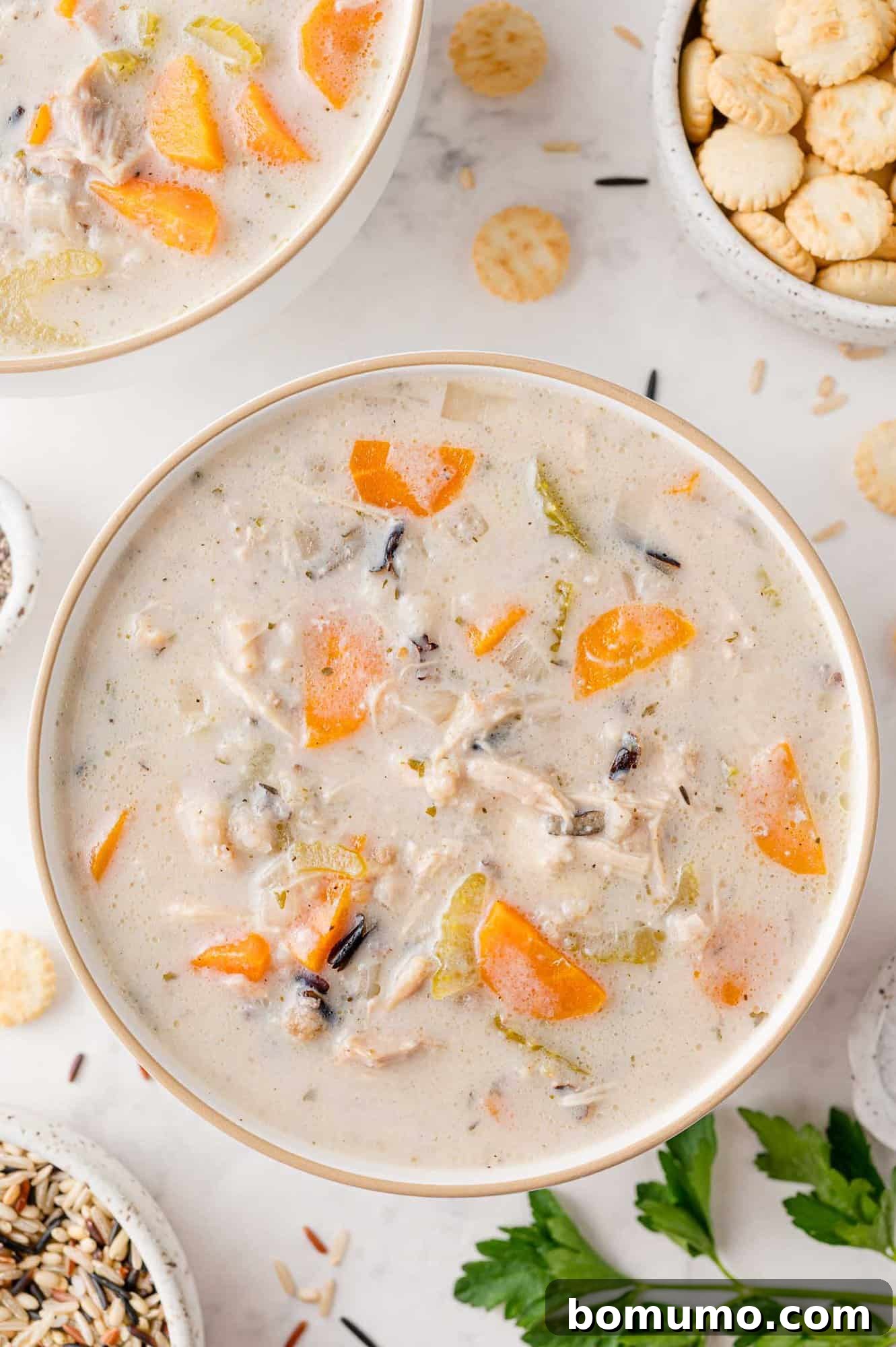 An overhead view of a bowl of creamy crockpot chicken wild rice soup, perfectly garnished with fresh parsley, sitting beside a small bunch of fresh parsley sprigs.