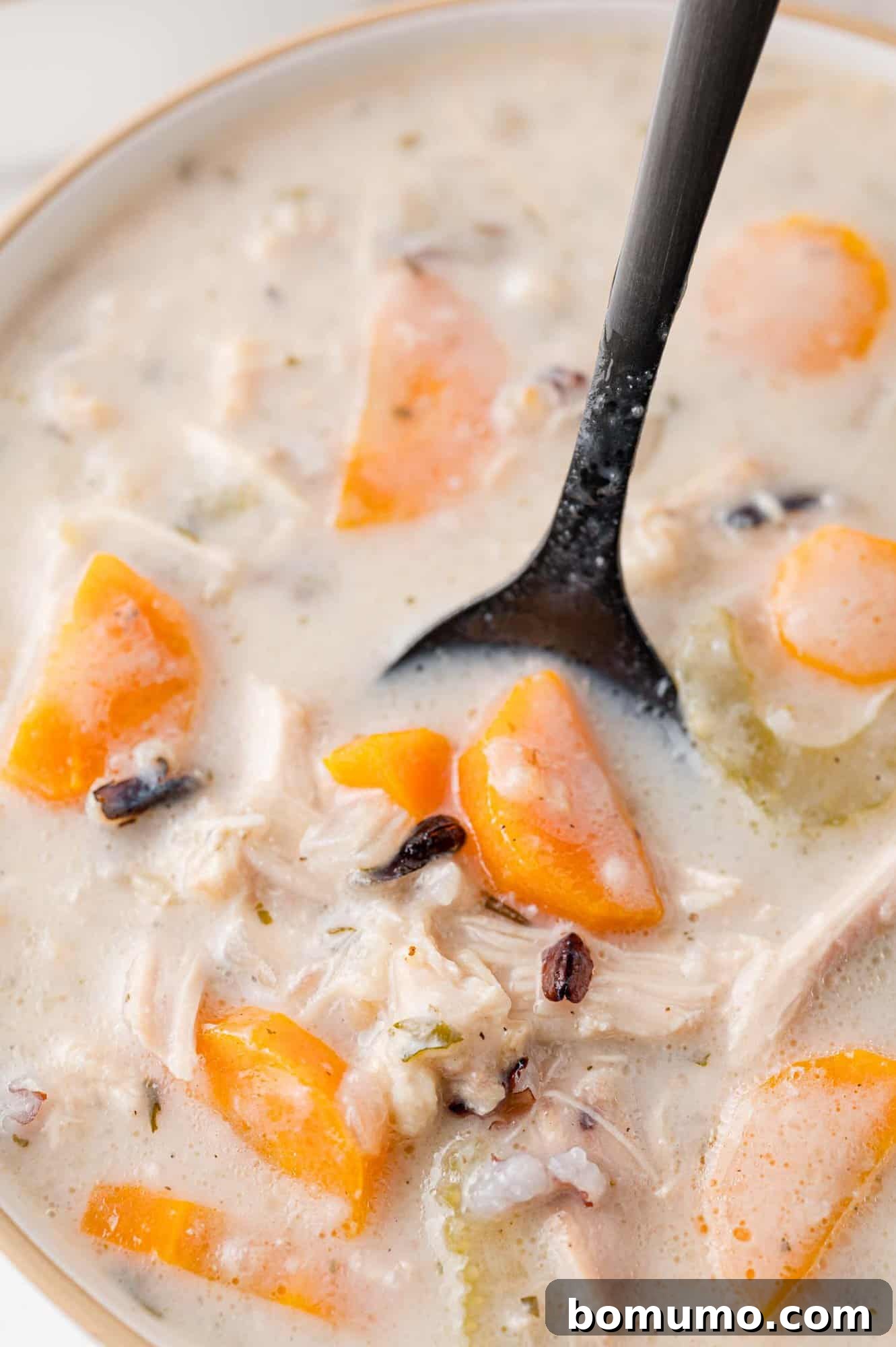 A bowl of creamy crockpot chicken wild rice soup with a spoonful being lifted, showcasing its rich texture and ingredients.