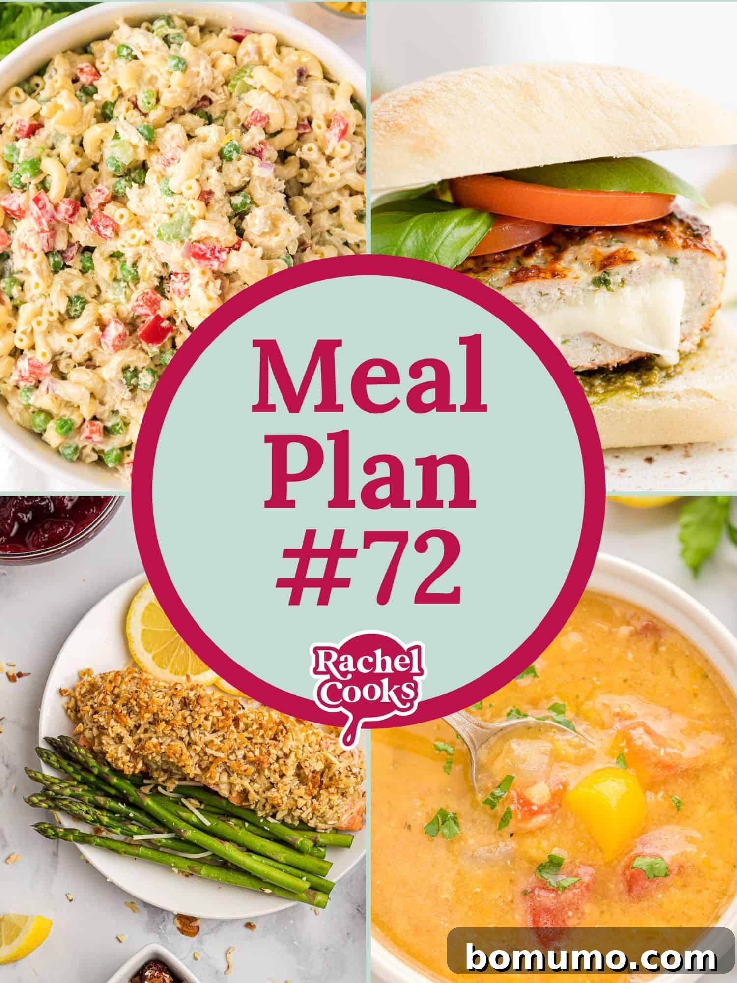 Comprehensive Weekly Nutrition Plan 2 Meal plan 72 graphic with text and photos of the recipes included. This week's plan features Red Lentil Soup, Chicken Macaroni Salad, Parmesan & Almond Salmon, Smothered Pork Chops, Caprese Turkey Burgers, and Strawberry Basil Freezer Jam.
