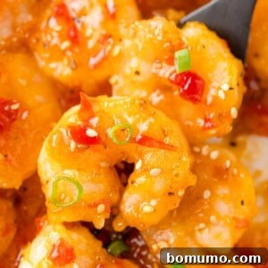 Firecracker shrimp topped with sesame seeds and green onions, being served using a large black spoon, showcasing its delectable appearance.