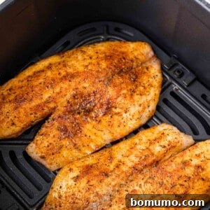 Two seasoned pieces of air fryer tilapia still in air fryer basket, showing their delicious crust and flaky potential.