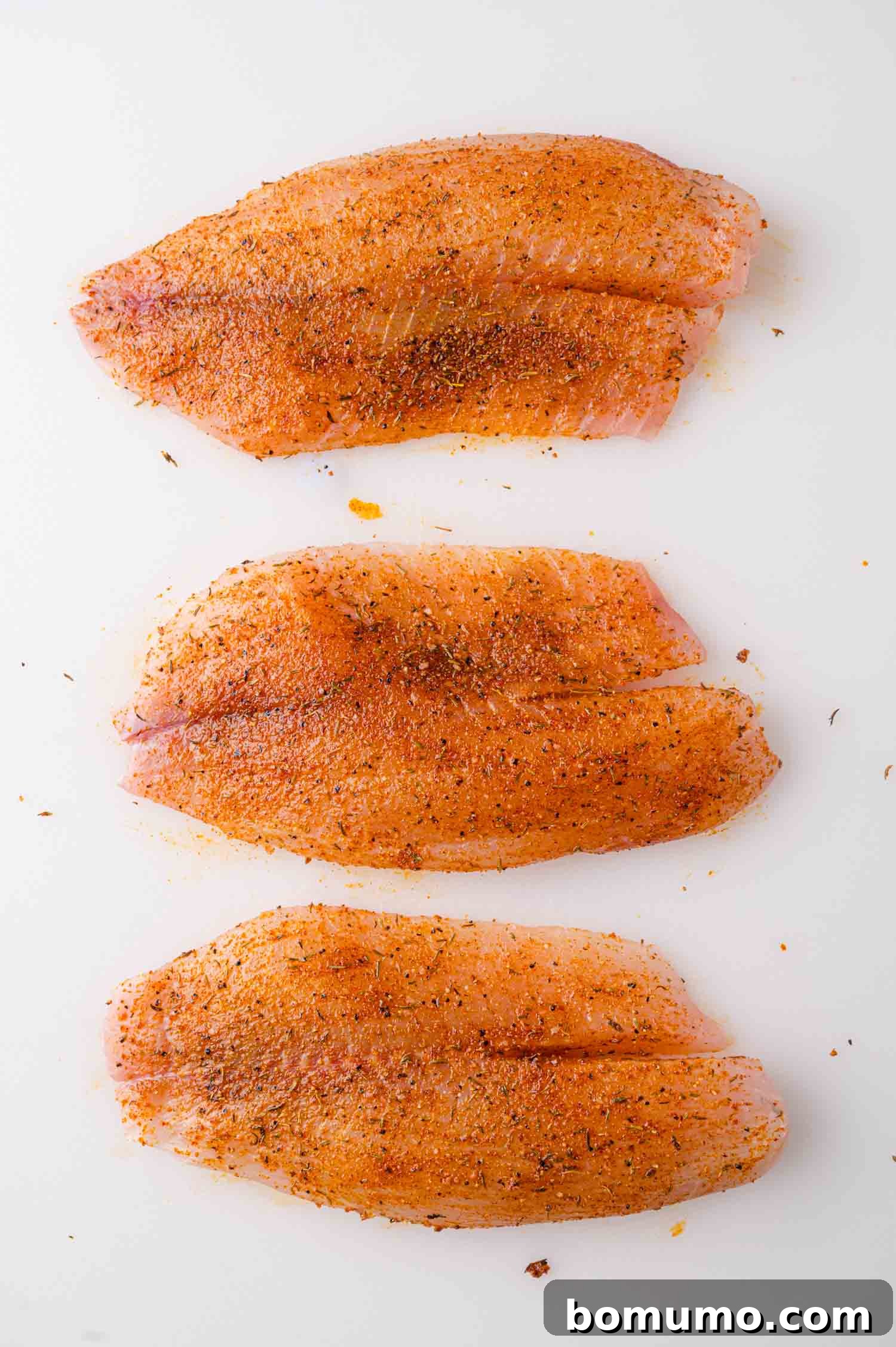 A close-up view of a tilapia fillet, thoroughly coated with the delicious homemade seasoning, ready for cooking.