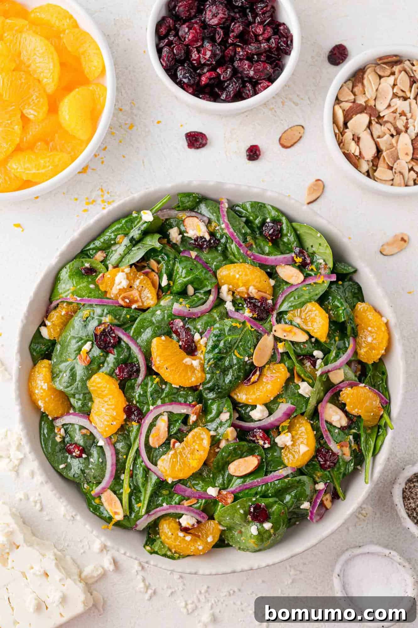 A vibrant mandarin orange salad, viewed from above, artfully arranged with small bowls of crunchy toppings ready for mixing.