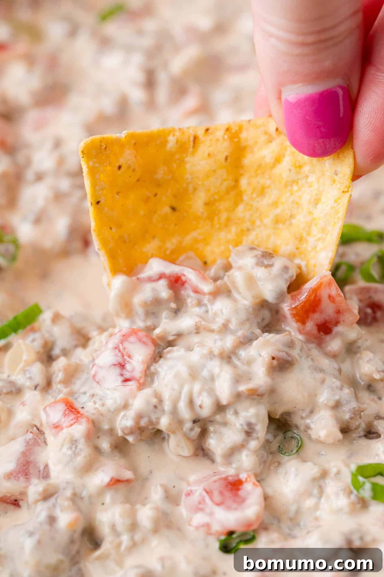 Sausage Cheese Bliss 2 Sausage dip being scooped up with a tortilla chip.