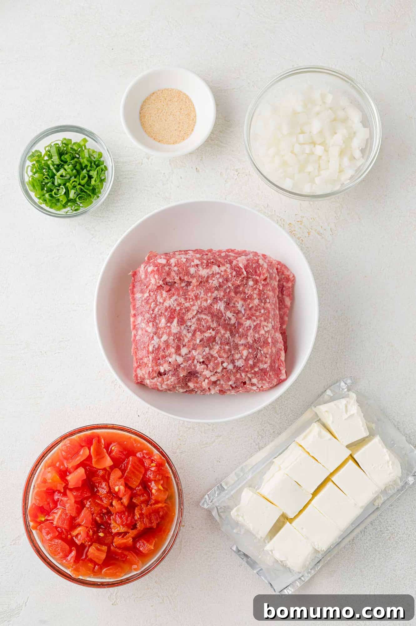 Sausage Cheese Bliss 4 Overhead view of ingredients needed for recipe.