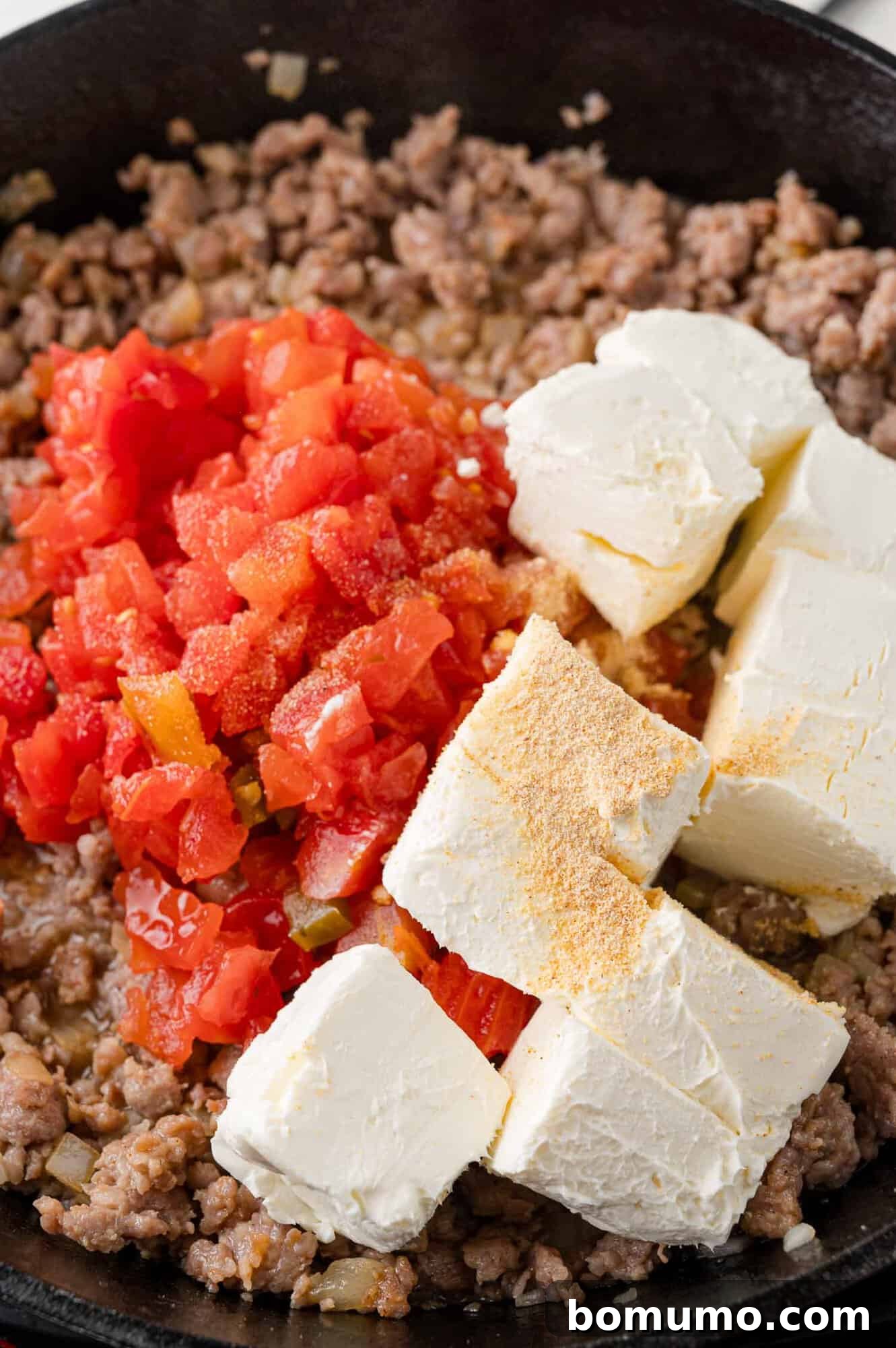 Sausage Cheese Bliss 6 Tomatoes, cream cheese, and garlic powder added to pan.
