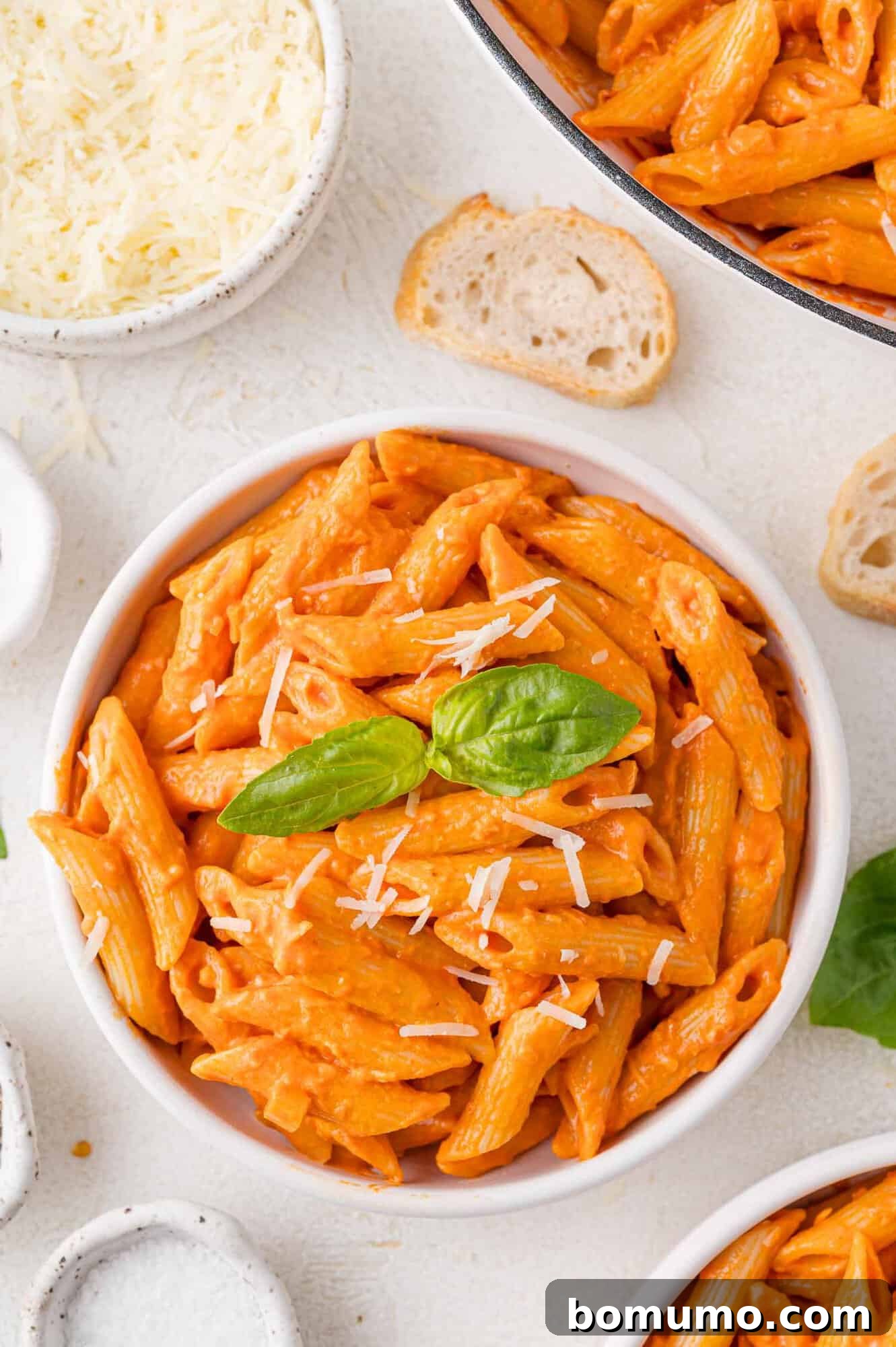 Overhead view of vodka pasta in a small white bowl, garnished with Parmesan and basil.