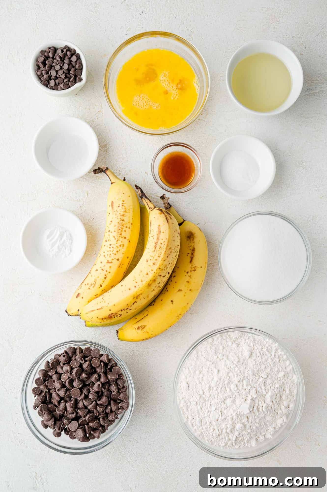 Overhead view of all the ingredients meticulously arranged on a countertop, ready for baking.
