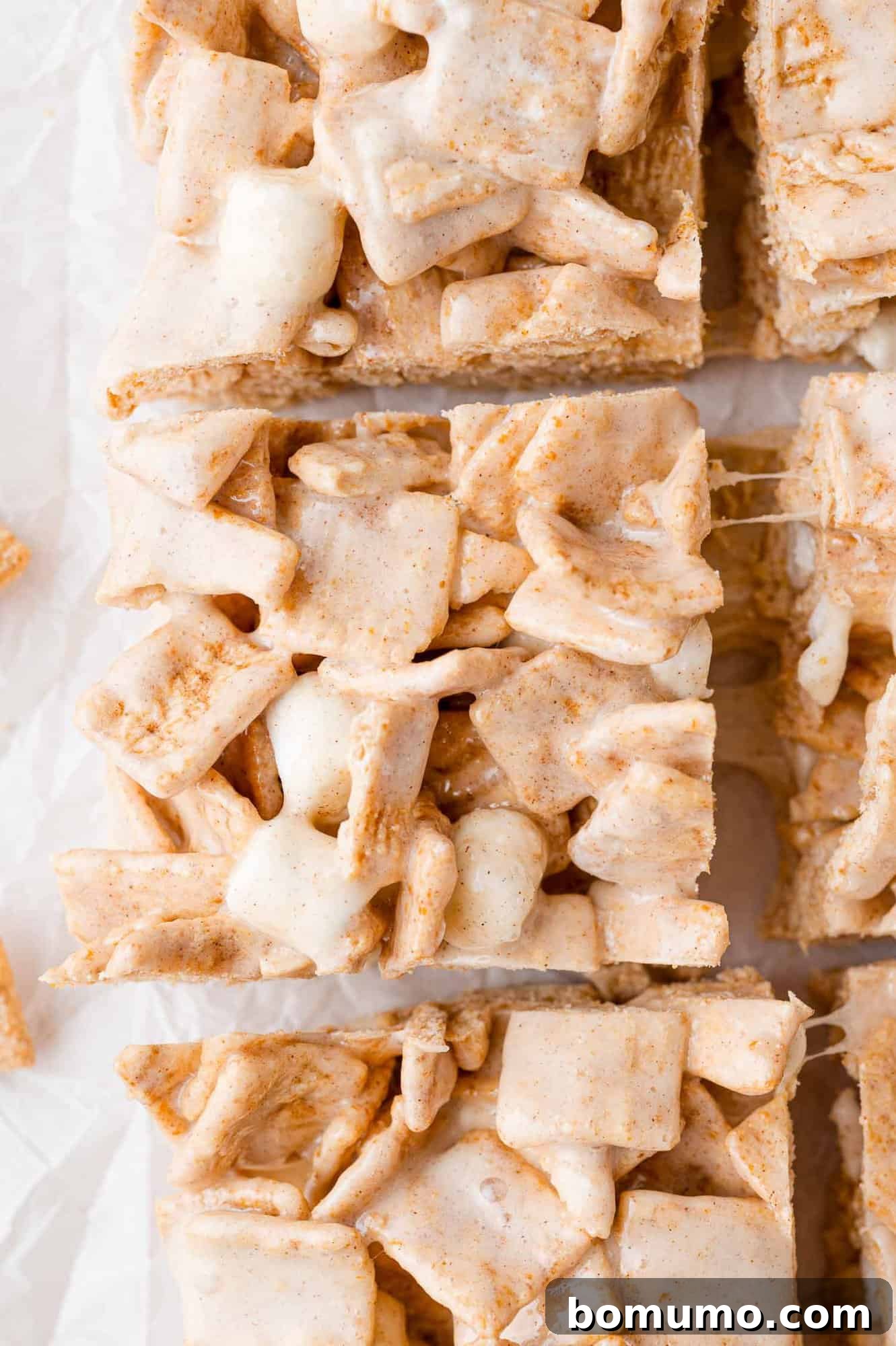 Cinnamon Crunch Bars 2 Overhead view of Cinnamon Toast Crunch bars cut into squares.