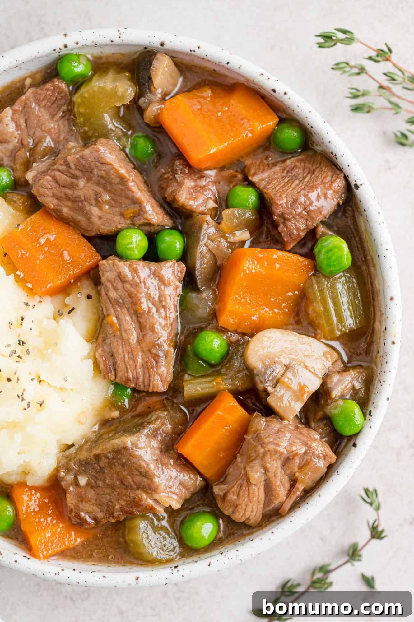 A comforting bowl of Slow Cooker Beef Marsala Stew, richly colored and garnished, served alongside creamy mashed potatoes. The perfect fall meal, ready and waiting.
