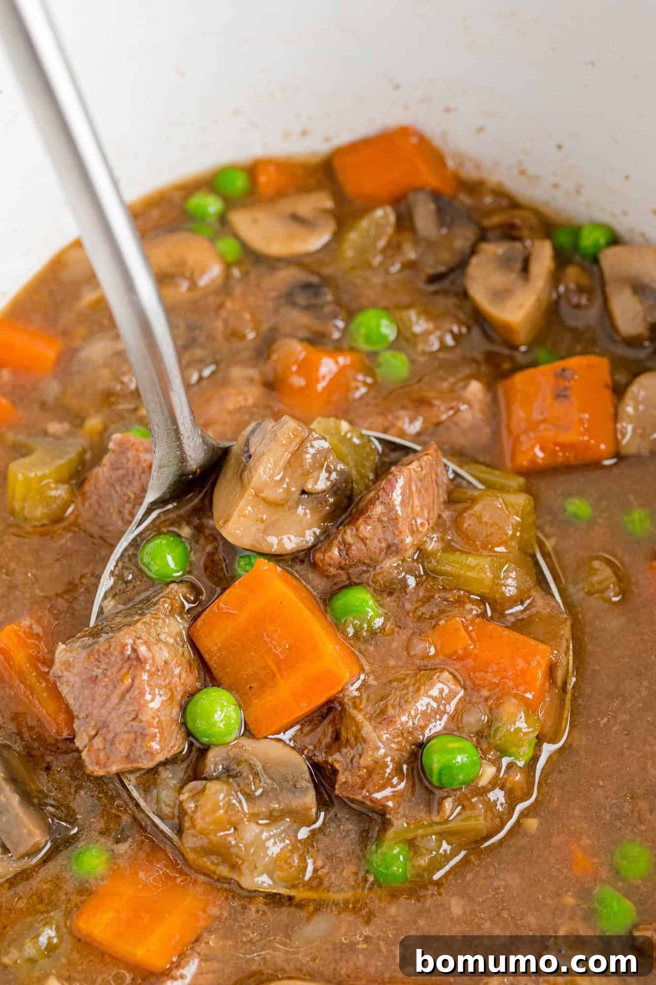 Rich Slow Cooker Beef Marsala Stew simmering in a slow cooker, with a ladle poised to serve, showcasing the tender beef and vibrant vegetables.