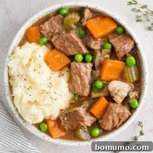 Slow cooker beef marsala stew in a white bowl with potatoes.